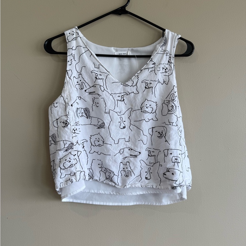 Mod Ref Black White Dog Doodle Linen Boxy Crop Tank Top